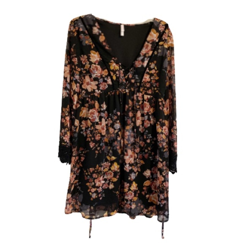 Xhilaration Dress Boho Witchcore Floral Long Sleeve Lace Up Peasant Mini Dress